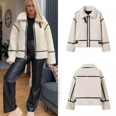 2024 Autumn New Women's Wear European and American Style Casual Fur One Piece Lamb Wool Contrast Color Plush Warm Jacket