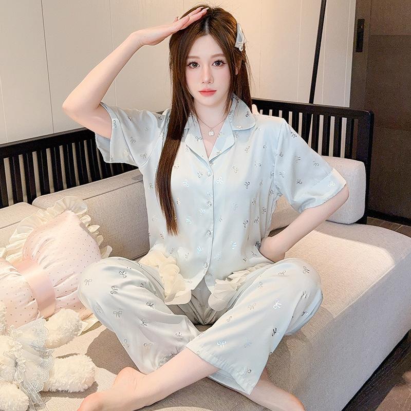 Pajamas Women's Summer Ice Silk Short-sleeved Trousers Set High-end Hot Silver Bow Loungewear Thin Can Be Worn Outside