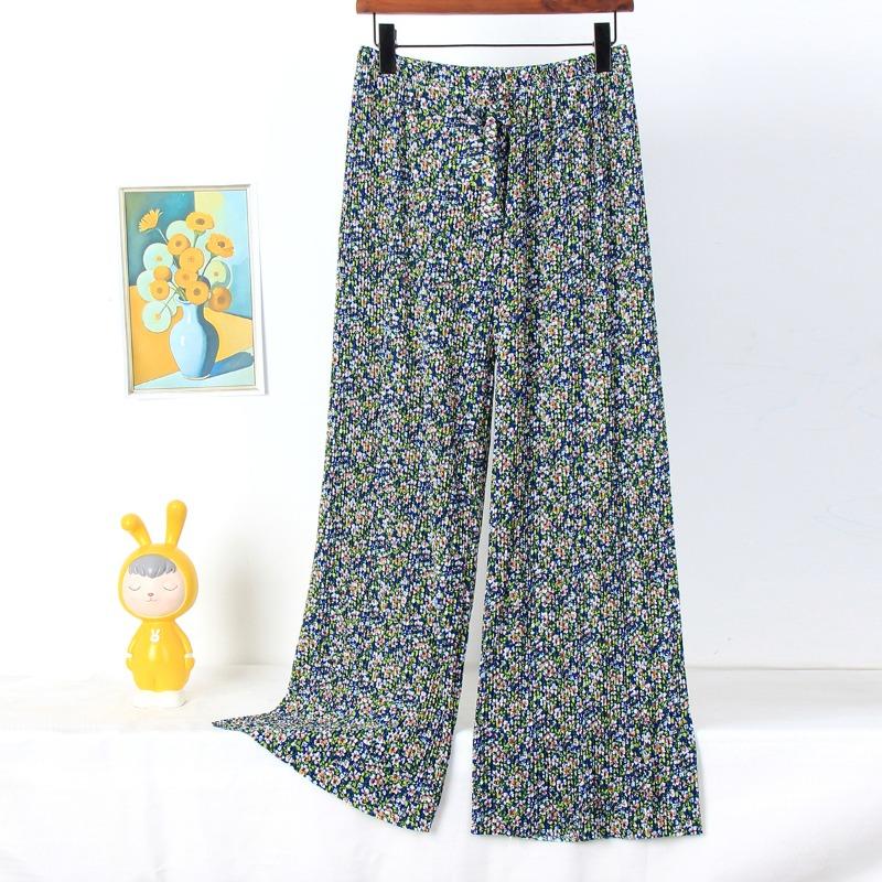 

Ice silk wide-leg pants women s spring and summer thin pajama pants high waist drape pleated lazy wind floral home casual pants walking One size