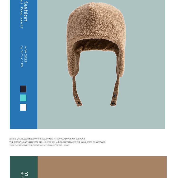 Corduroy flight cap, unisex, for skiing, warm, with fleece lining, ear-covering design, suitable for cycling, and resembling a Lei Feng cap