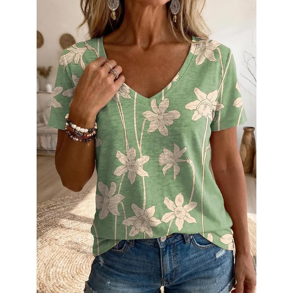Women's T Shirt Print Floral Graphic Vintage Stylish Classic Short Sleeve V Neck Regular Tops Daily Sports Going Out Yellow Orange Green Summer Spring