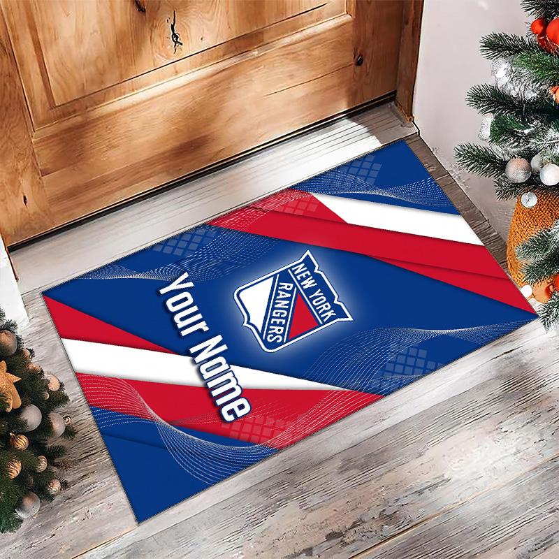 New York Rangers Crystal Velvet Rug, Custom Name Text Personalized Non‑Slip Floor Mat for Home Decor Gift