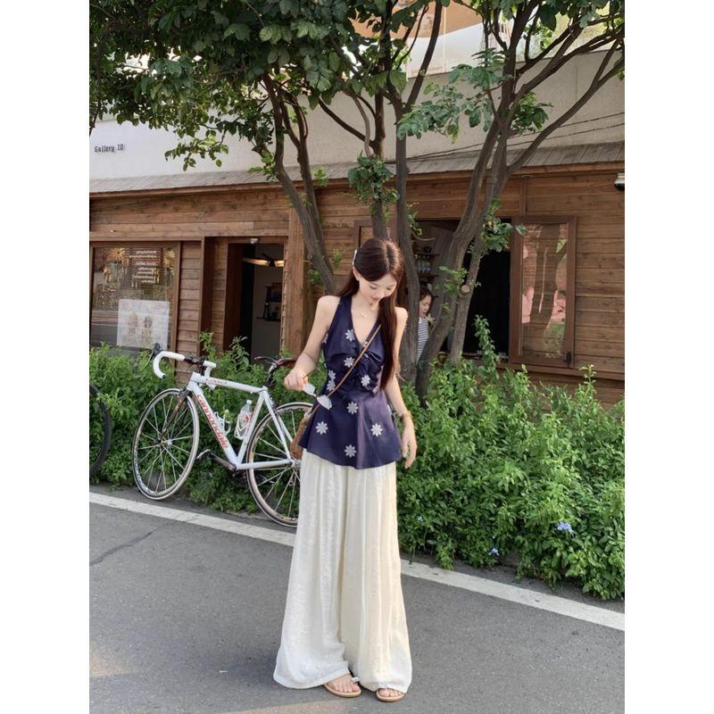 Kumikumi Sweet Style Set French Style Kinked Cami Women Summer Drape Embroidered Wide-Leg Pants Two-piece Set