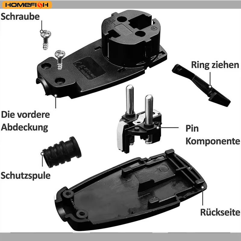 Euro-standard German pull-ring self-assembly European power cord plug, German and French universal plug with a curved ultra-slim