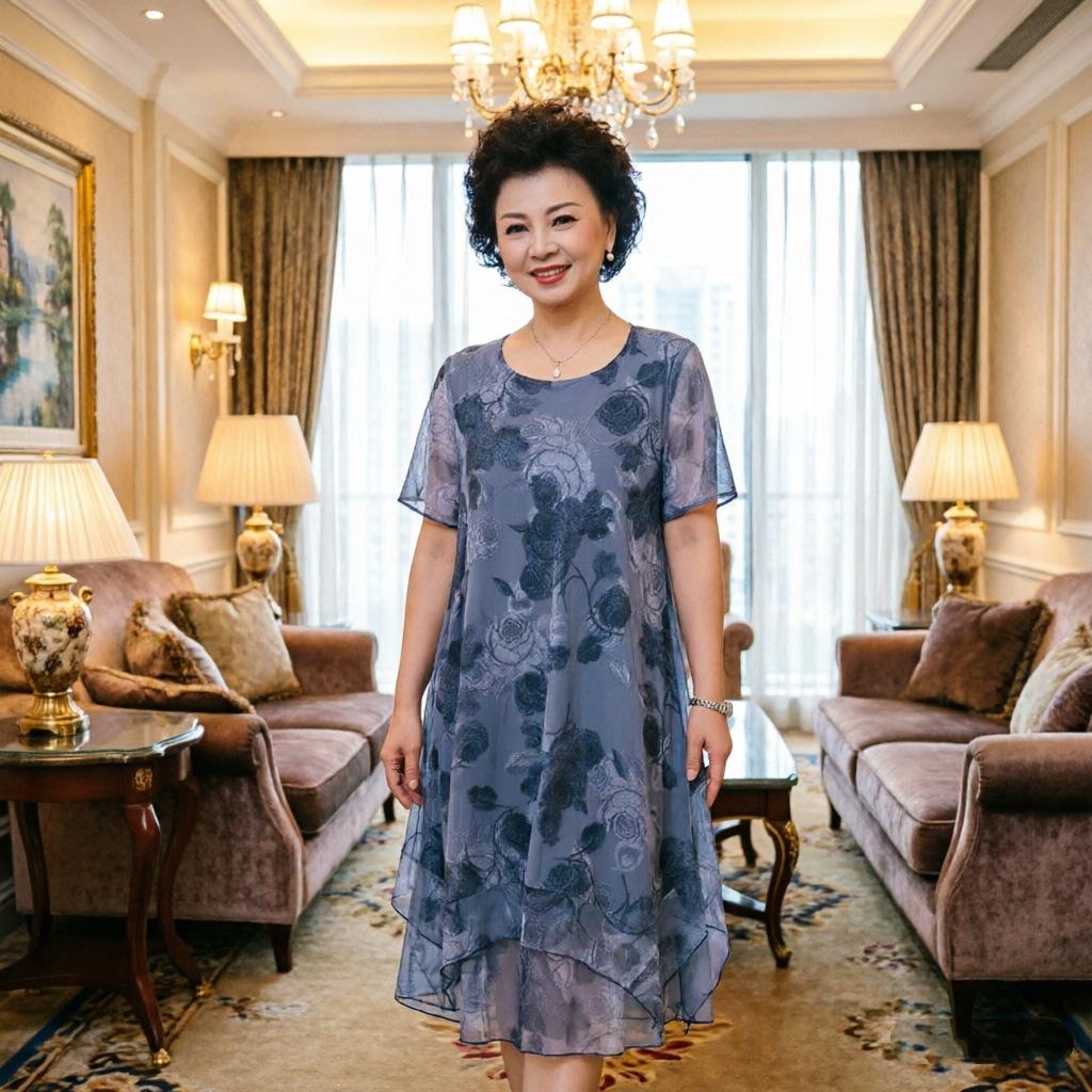 Fattened plus size short-sleeved fat man dress fat mm women's clothing loose and thin foreign mother clothing mesh floral skirt