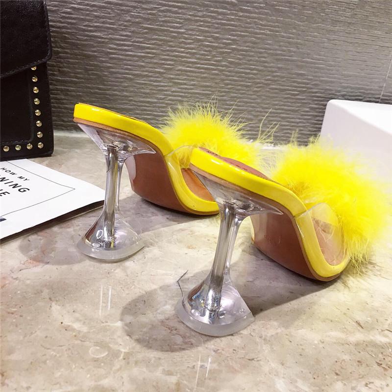 Eilyken Women Feather Transparent High Heels Fur Pumps Slippers Peep Toe Mules Pumps Slides White Ladies Shoes