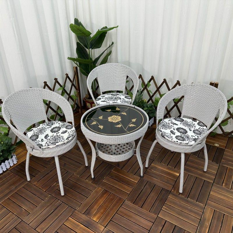 Three-Piece Chinese Style Rattan Table and Chair Set - Indoor Balcony Swivel Chair, Durable Round Five-Piece Swivel Design