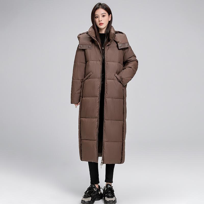 

Зима 2025 новая утепленная одежда женские средней длины выше колена куртки с капюшоном, утепленные свободные хлопковые куртки и куртки-дутики XXL кофейный