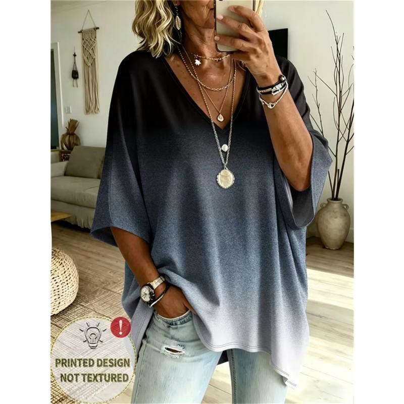 Damska Koszulka Plus Size z Dekoltem V i Rękawami nietoperzowymi Bohemian Etniczny Wzór Luźny Top Letni Wygodny Oddychający Codzienne Dojazdy Casualowy Model wyszczuplający