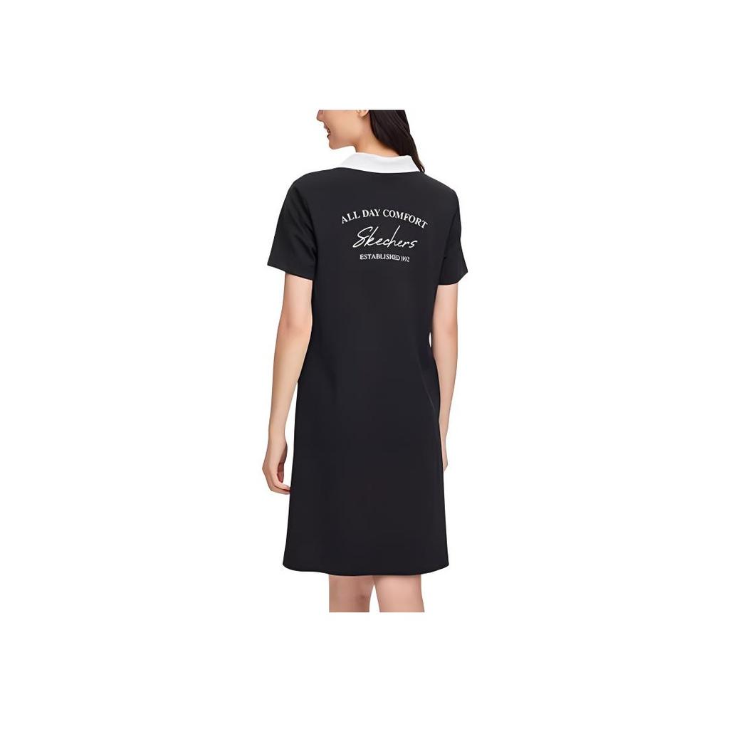 Skechers Fashion Simple Button Letter Polo Collar Short Sleeve Dress Women Dresses Carbon-Black L224W094-0018