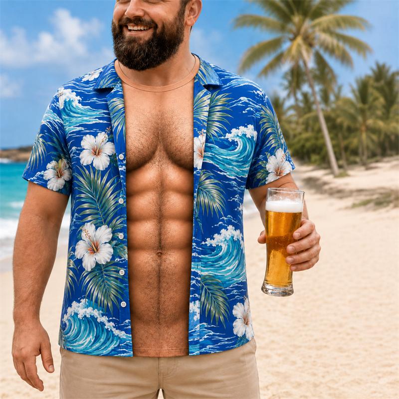 Funny 3D Print Muscle Belly Graphic T Shirt Men Hawaii Floral Leaf Pattern Casual Summer Short Sleeve Tops Beach Trip Pool Party