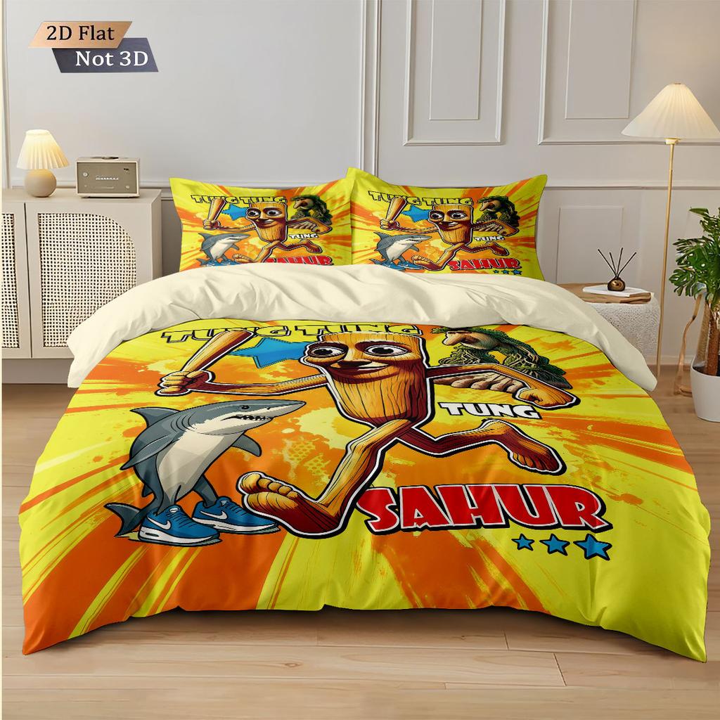 Cartoon ai Brainrot Tung Tung Sahur Bedding Set Bedroom Decoratio Duvet Cover Pillowcase Adult Boy Girl Single Double Large Siz