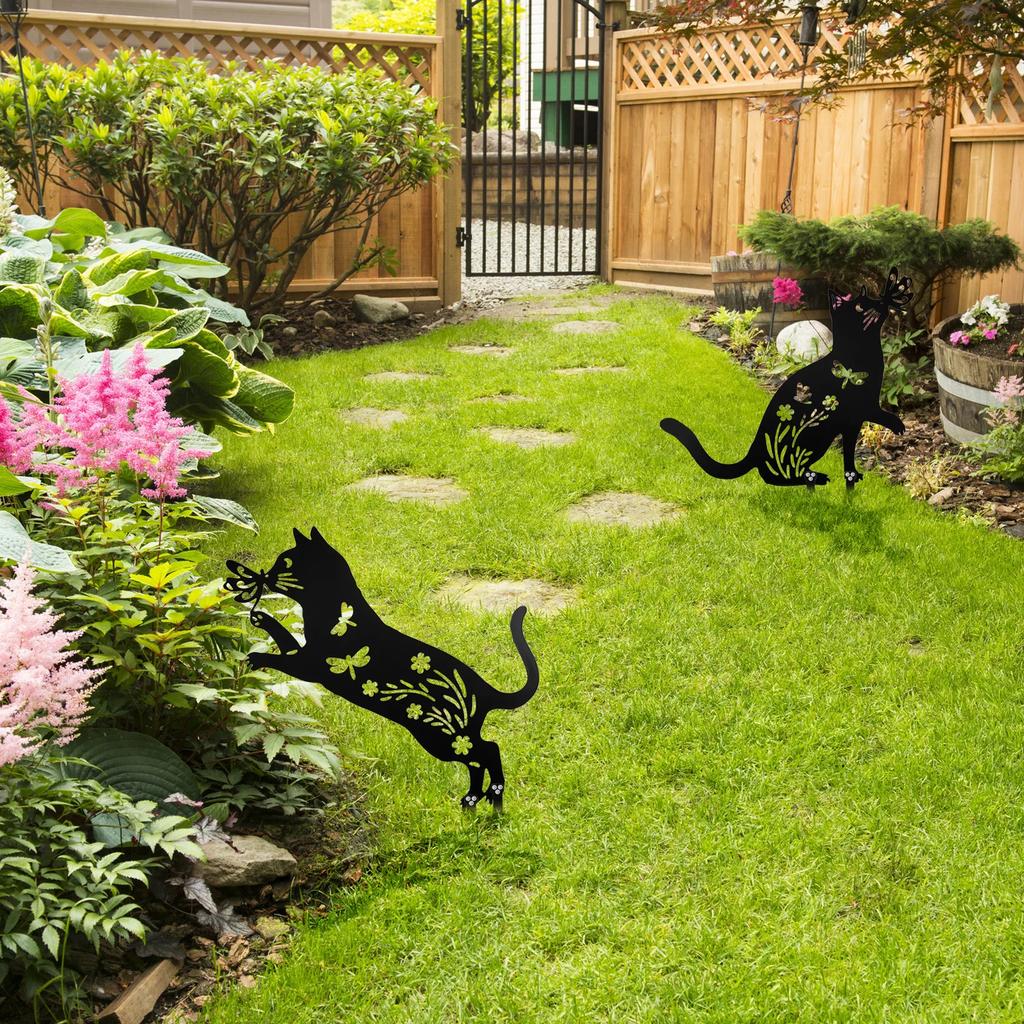 Metal Chicken or Cat Silhouette Garden Decor Iron Metal Statues Stakes Black Matte Finish Hollow out Lawn Silhouette for Outdoor