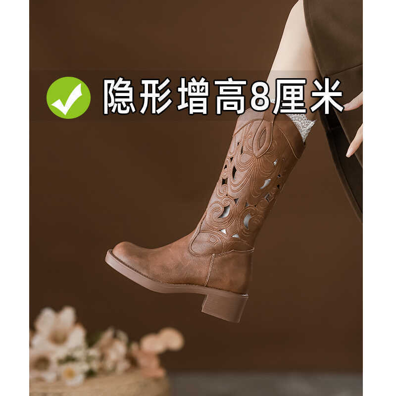 Inner Heightening Western Cowboy Boots Summer Thick-soled Embroidered Hollow Knight Boots Vintage Martin Boots Chelsea Boots