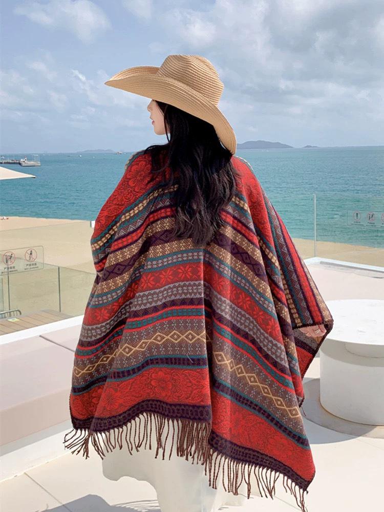 Ethnic Style Tassel Shawl: Xinjiang Tibet Yunnan Lijiang Travel Jacquard Outerwear Warm Striped Cape