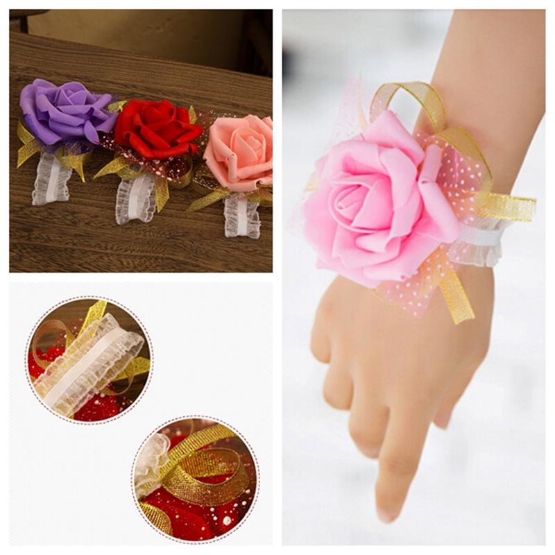 Bridesmaid Wrist Corsage Wedding Party Rose Bracelet Silk Flowers Ribbon