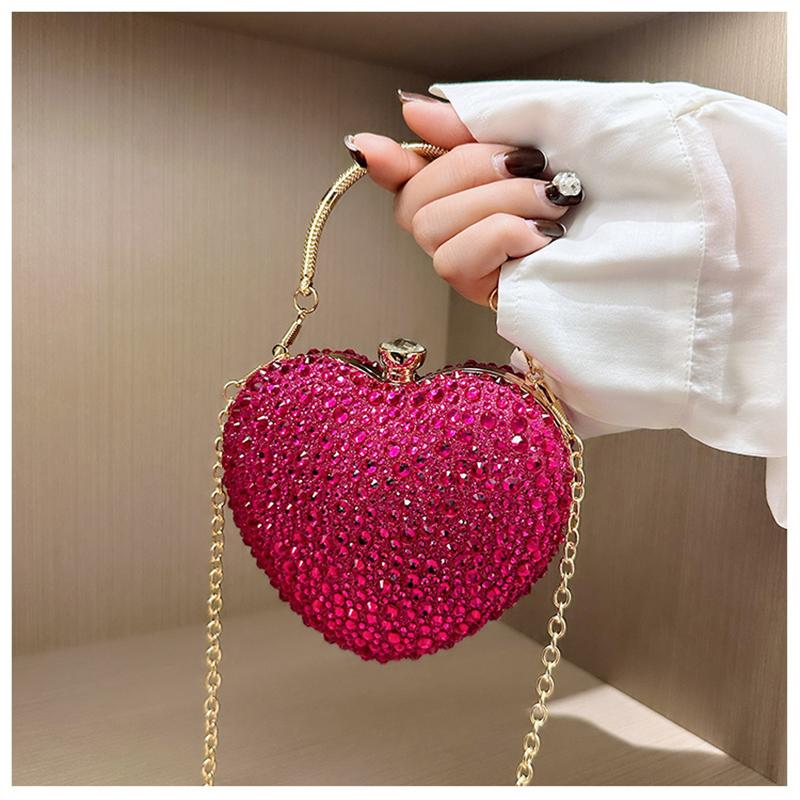 Luxury Diamond Heart Shape Clutch Evening Bag Shiny Crystal Handbag Wedding Dress Party Top-Handle Shoulder Bag Rhinestone