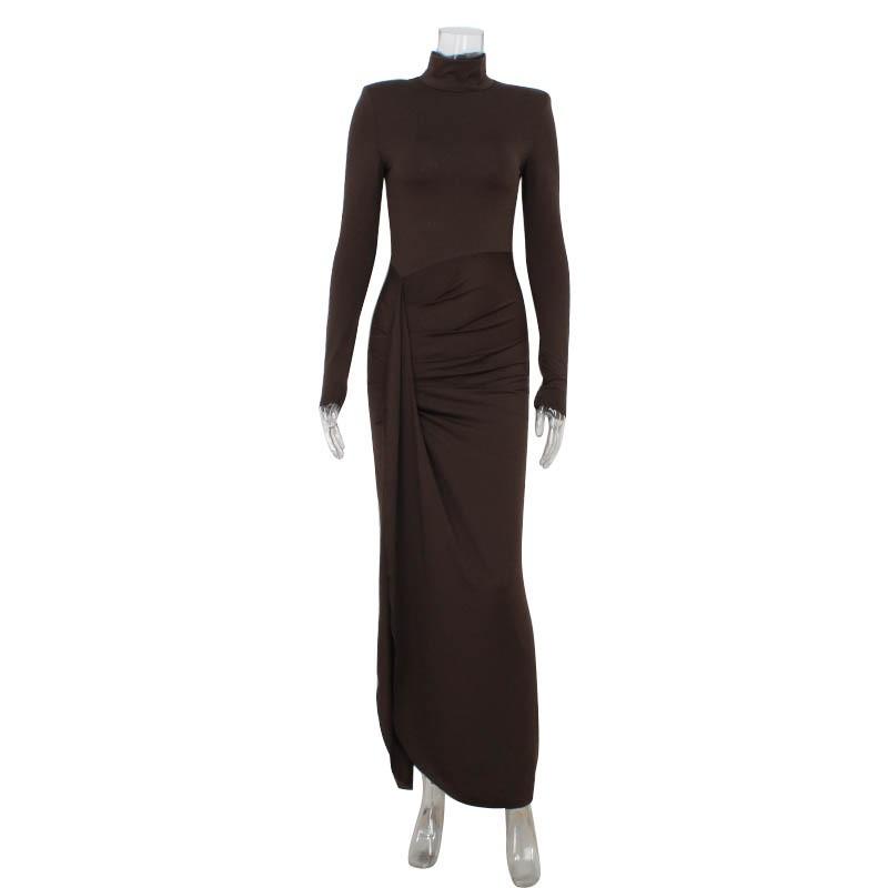 Womens Fall Winter Slim Fit Dress High Neck Long Sleeve Split Elegant Fashion Party