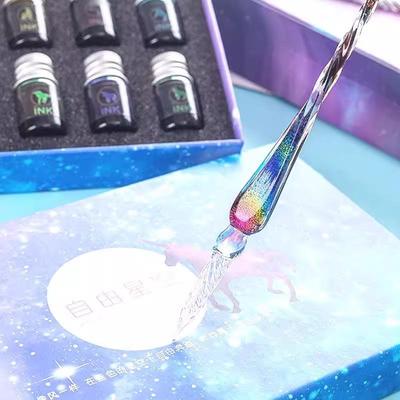 Starry Sky Crystal Glass Pen Set: Ancient Style Dip Pen with Color Ink & Quicksand for Students & Gifts.