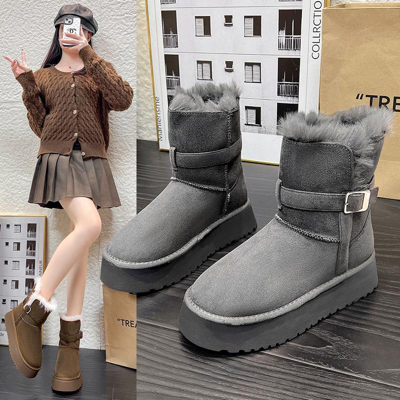 Thick-soled snow boots women's winter velvet thickened 2025 new fashion versatile belt buckle warm medium tube Martin boots