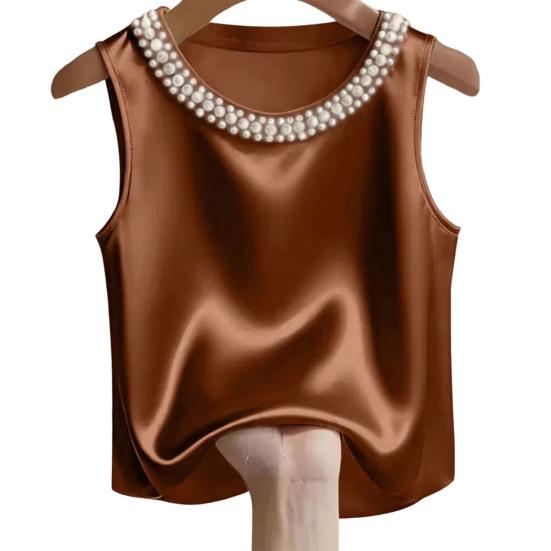 Damenweste Rundhalsausschnitt Imitierte Perlen Verziert Ärmellos Oberteile Glattes Satin Weiche Oberteile Lockerer Schnitt Freizeitoberteile Party Urlaub Tägliche Kleidung