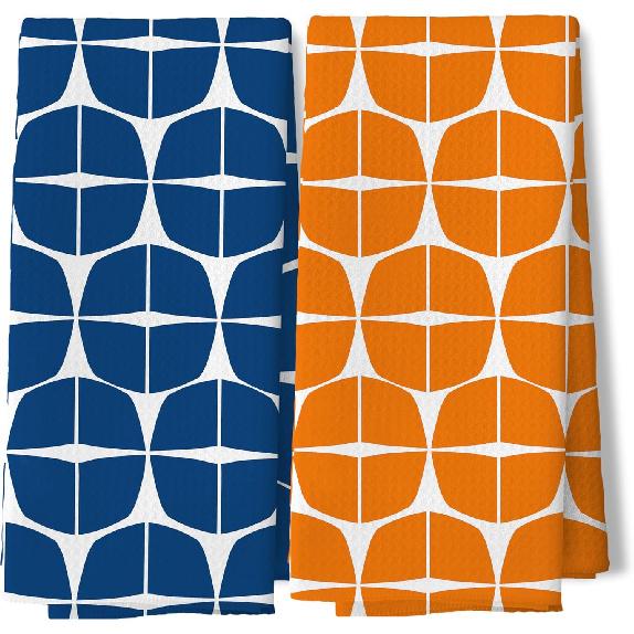 Trendy Retro Orange and Blue Pattern Kitchen Towels Set of 2, Mid Century Modern Scandinavian Aesthetic Hand Towels for Bathroom,16x24 Inch