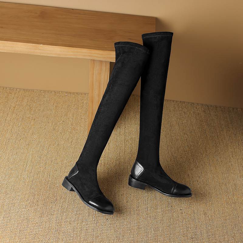Krazing Pot Flock Autumn Winter Shoes Low Heels Size 43 Long Boots Slip On Stretch Over-the-knee Boots