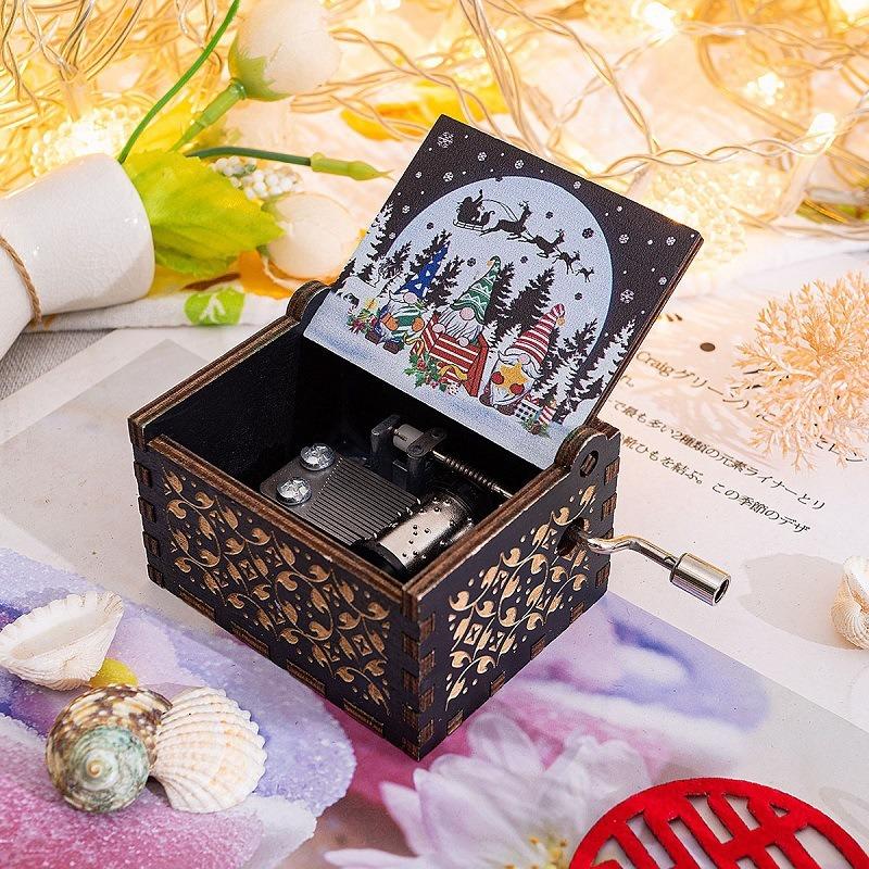 Wooden Hand-cranked Music Box Christmas Music Box Retro Engraving Exquisite Painted Glue