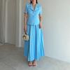 European and American women's clothing new retro literary style button V-neck short-sleeved jacket pleated long skirt set