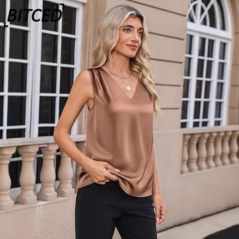 BITCED Women's Fashion Casual Solid Color Print Sleeveless V Neck Blouses & Shirts