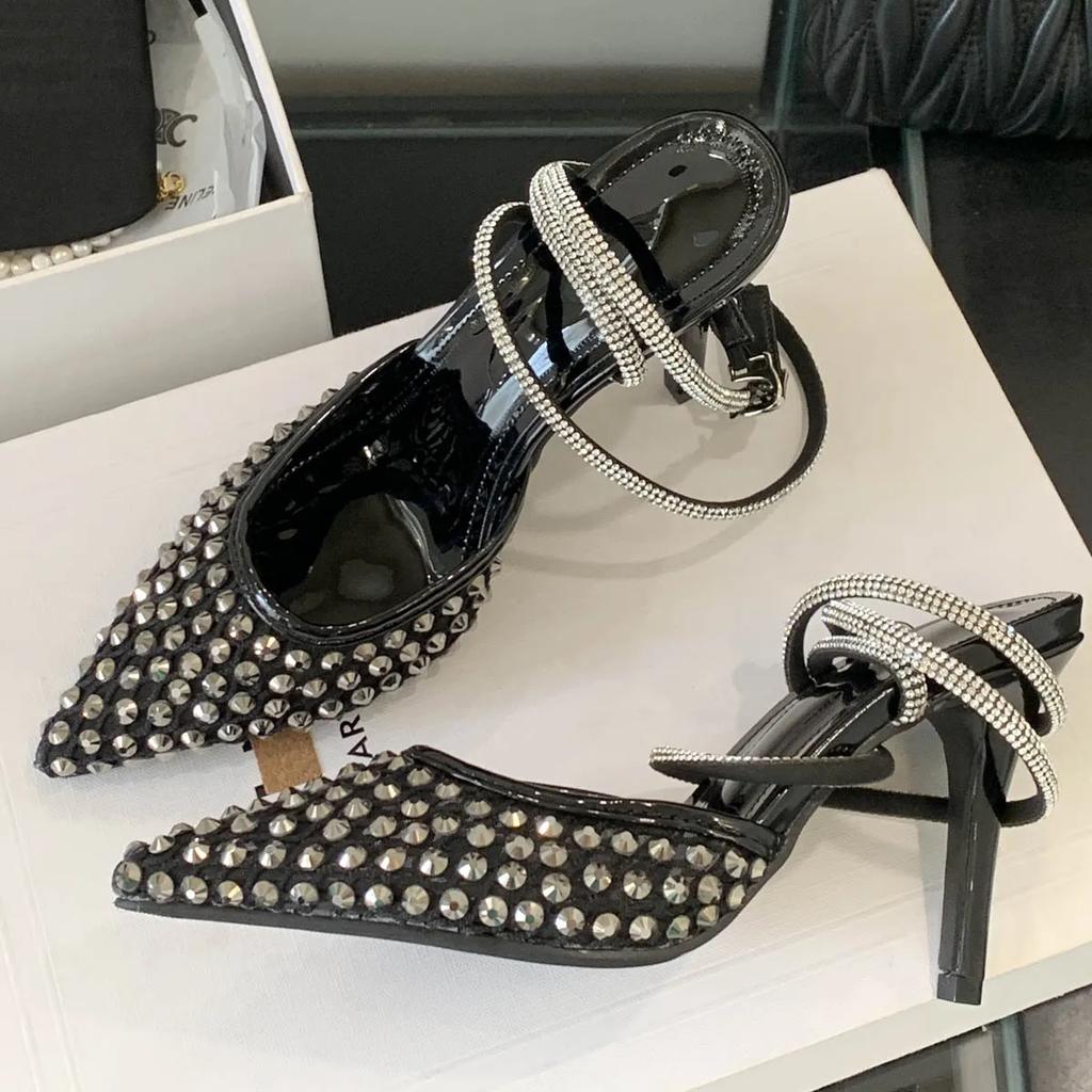 Mode Eilyken Sexy Kristallnieten Damen Pumps Sexy Spitzschuh Schnallensandalen Elegant Dünne Absätze Party Abschlussball Pantoletten Schuhe