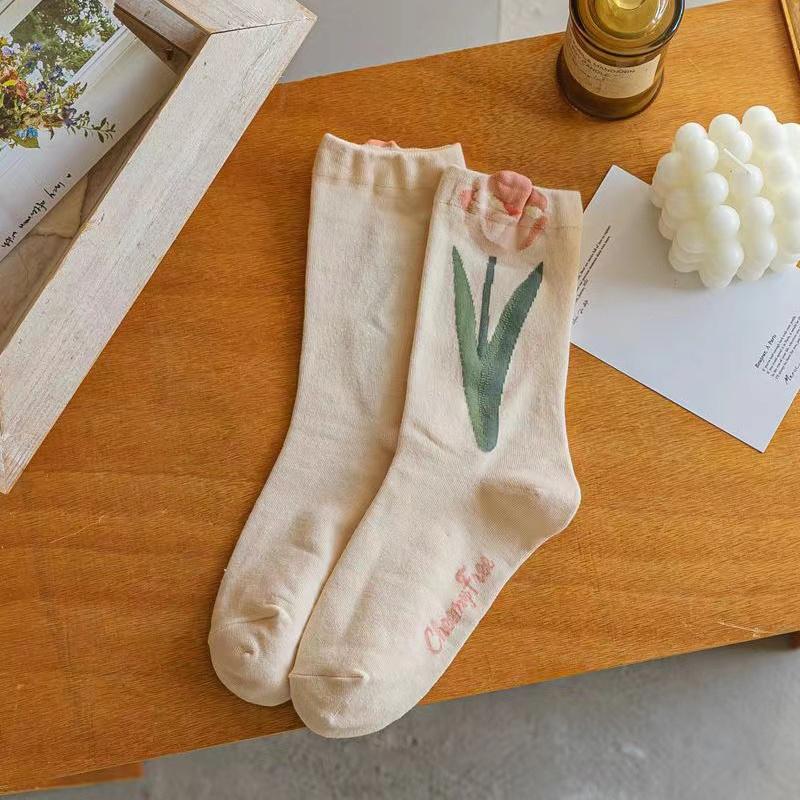 New Women Socks Korean Style Tulip Flower Casual Socks Girls Cute Sweet Breathable Kawaii Crew Socks
