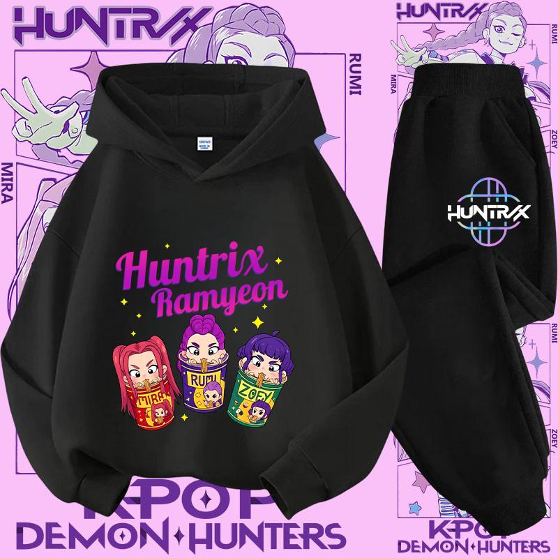New K-pop Demon Hunter 3 - 12-year-old Girls' Sportswear 2-piece Cute Casual Top Children's Hooded Shirt Set with Cartoon Print