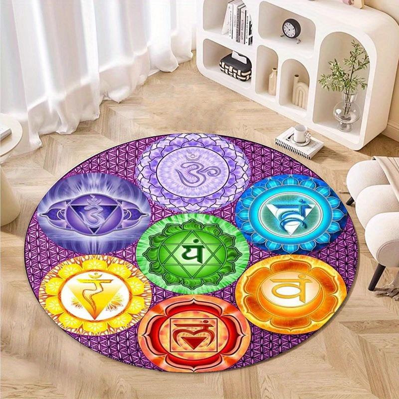 Vibrant Chakra Healing Meditation Round Area Rug, Mandala Pattern Non Slip Floor Mat for Yoga Home Bedroom and Outdoor Decor