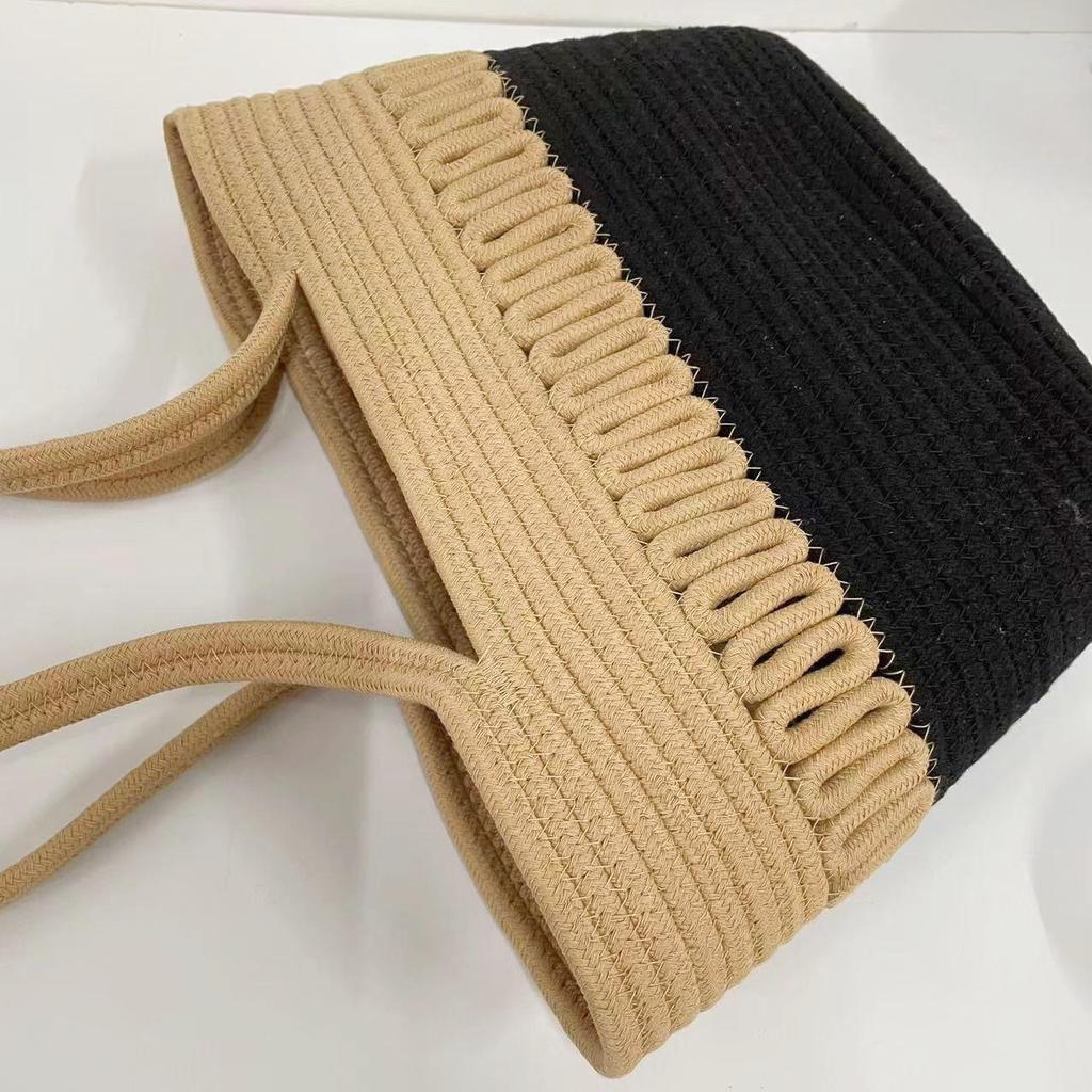 Retro Style Women's Color Block Large Cotton Rope Woven Beach Bag
