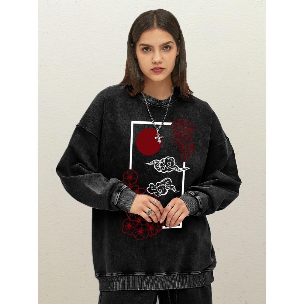 Harajuku Japanese Sunset Cherry Blossoms Print Woman Washed Sweatshirt Cotton Loose Comfortable Clothes Soft Sportswear