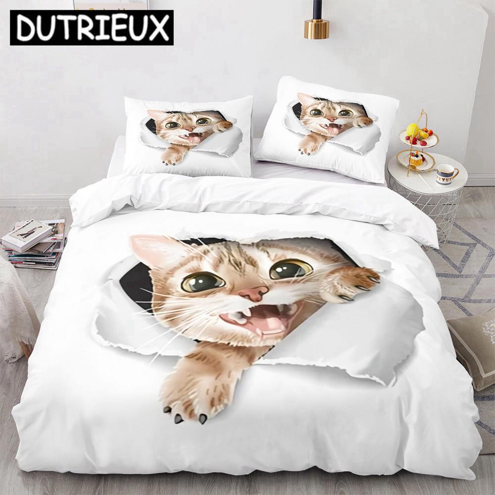 Cartoon Funny Cute Cat Duvet Cover Set 3D Polyester Pillowcases Quilt Cover Home Decor Gift Twin King Queen Bedding Set