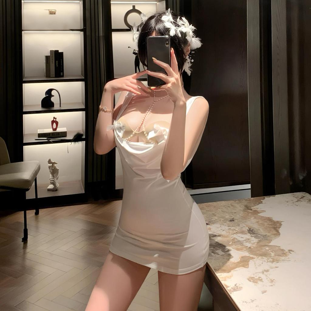 XXOO Erotic Sexy Beauty Fairy Goddess White Dress Uniform Women Bead Chest Chain Outfits Cosplay Costumes