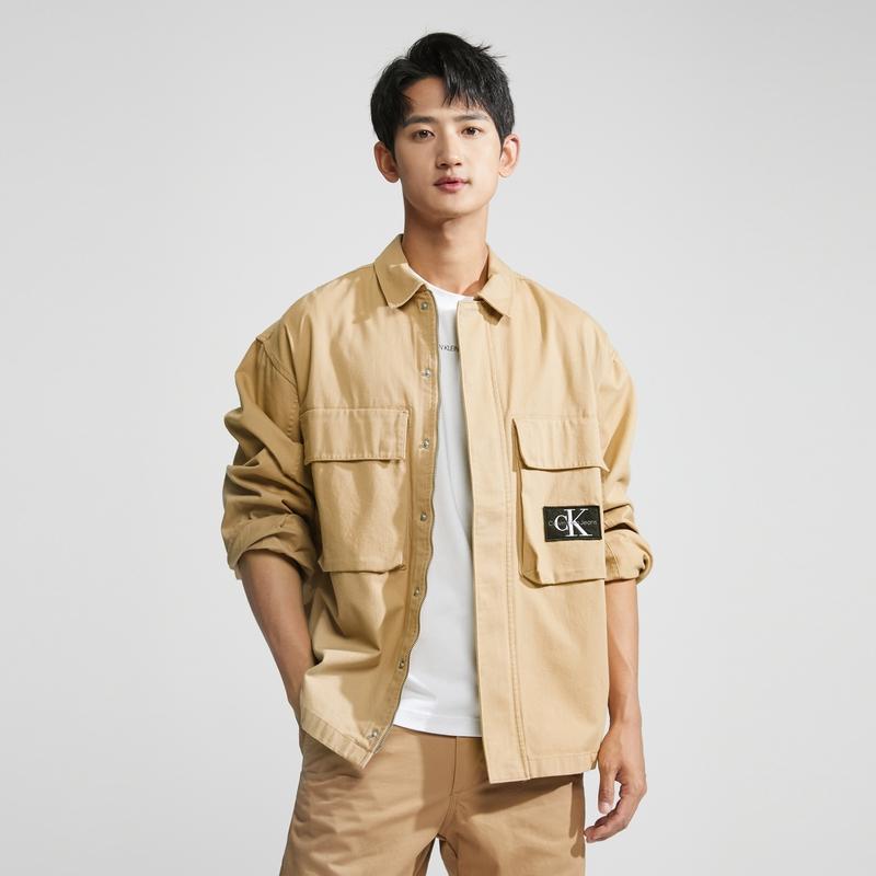 Calvin Klein Square Collar Letter Workwear Casual Long Sleeve Shirt Men shirts Khaki J322476