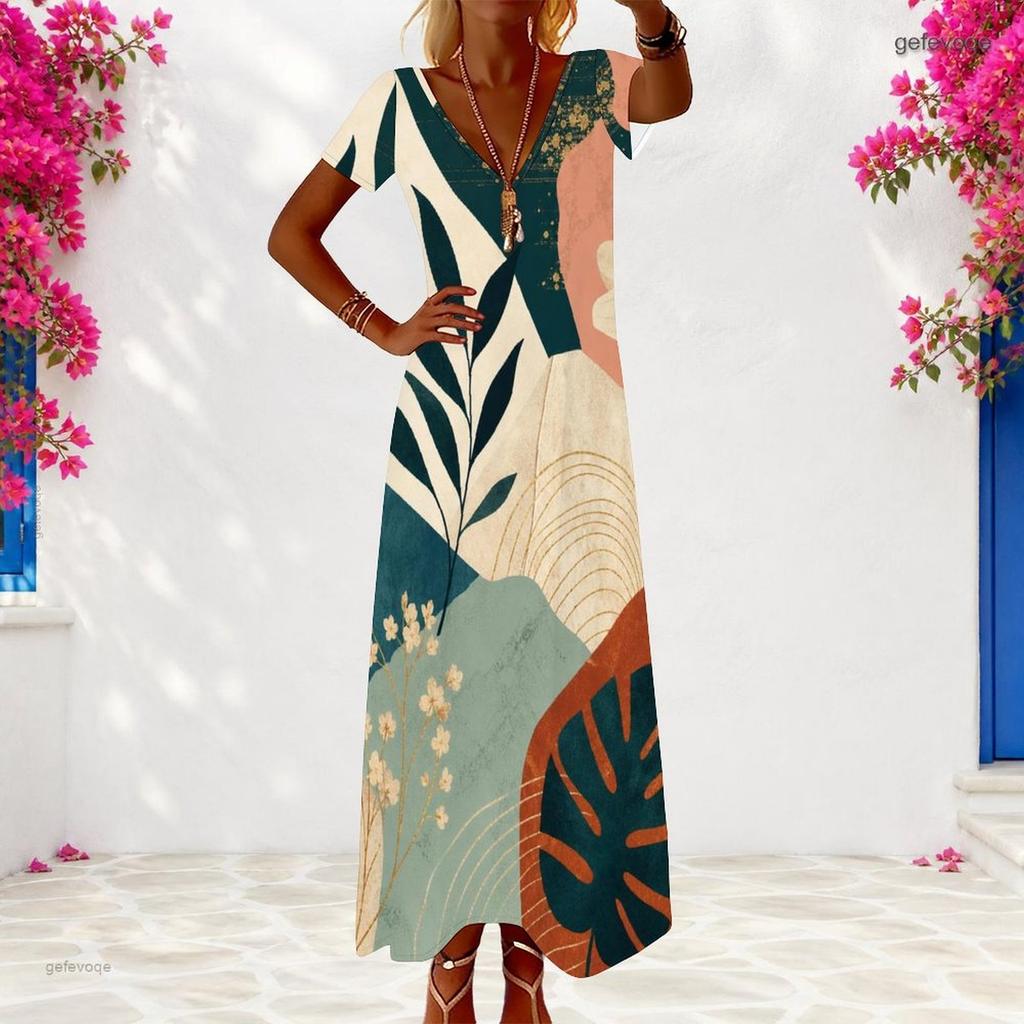 Women Plus Size V Neck Short Sleeve Printed White Maxi Dress