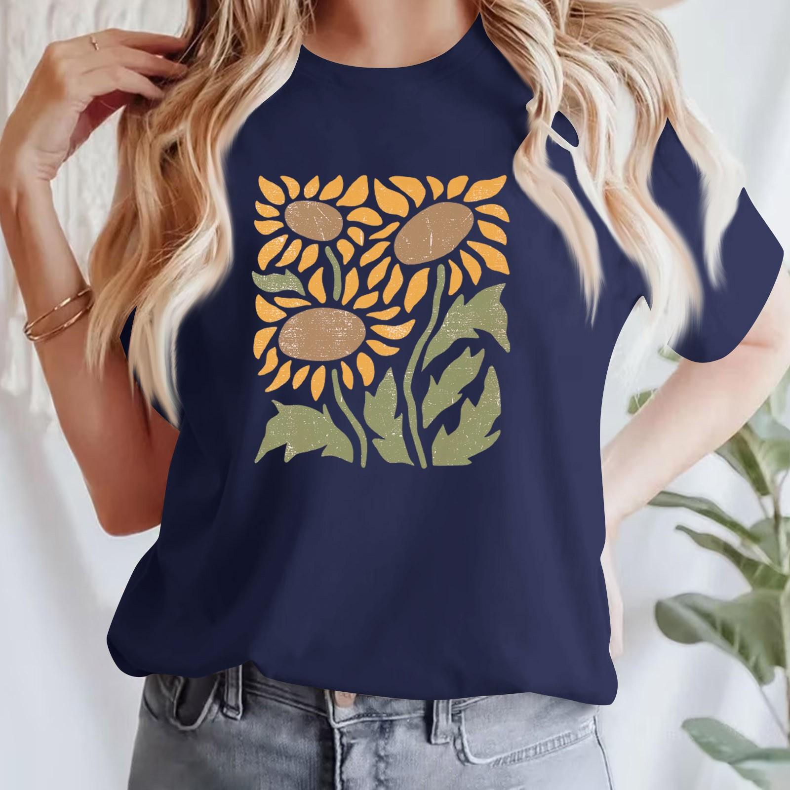 

Жіноча повсякденна футболка з принтом і круглим вирізом, пуловер з короткими рукавами XXL Темно-синій