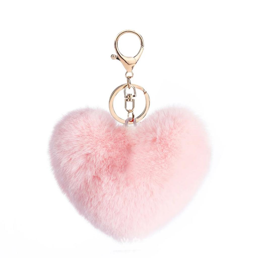 Set Portachiavi Pompom Peluche a Forma di Cuore | Palla di Pelo a Forma di Cuore con Stampa Leopardo | Pelliccia Sintetica Soffice di Alta Qualità per Chiavi Auto Borse Regali