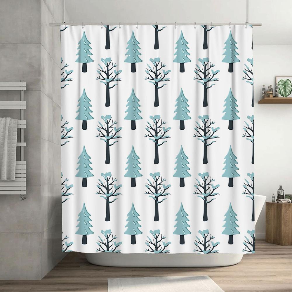 Patterned Shower Curtain with a Winter Forest Theme Blue Trees and Snowflakes On White Background Waterproof Fabric for Bathroom