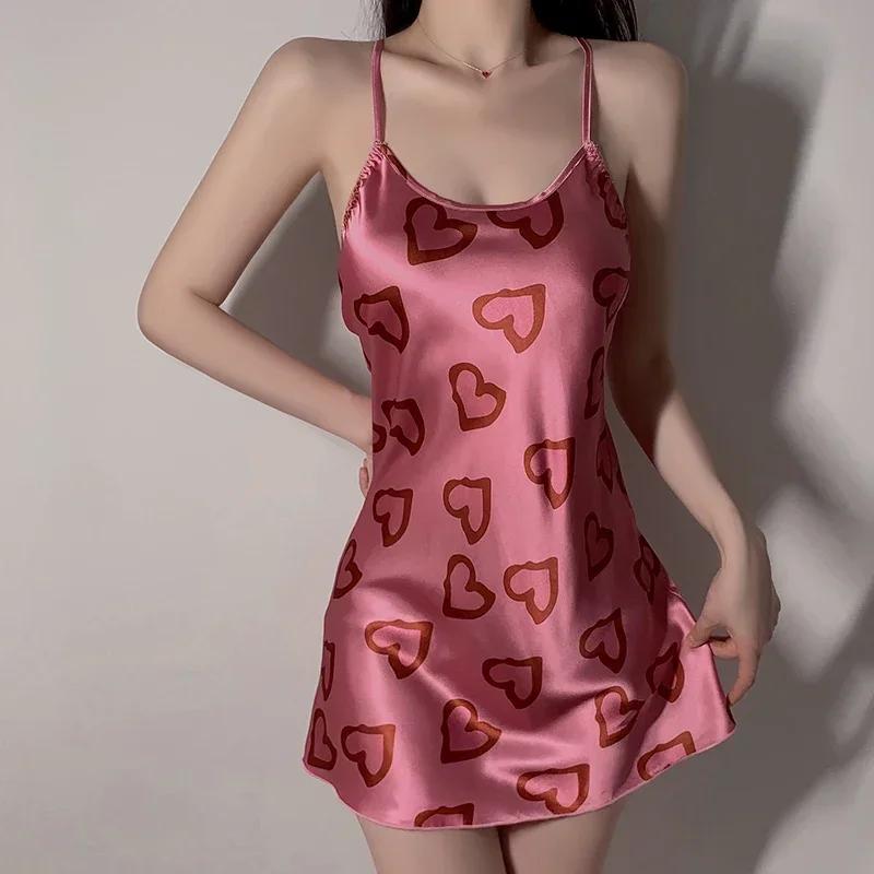 Women's Nightgown Cute Nightgown Women's Pink Heart Print Mini Nightgown Women's Nightgown