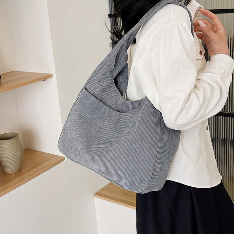 Corduroy ensfarget tøyveske for kvinner Enkel Uformell Designervesker med stor kapasitet for reiser Solid shopperveske