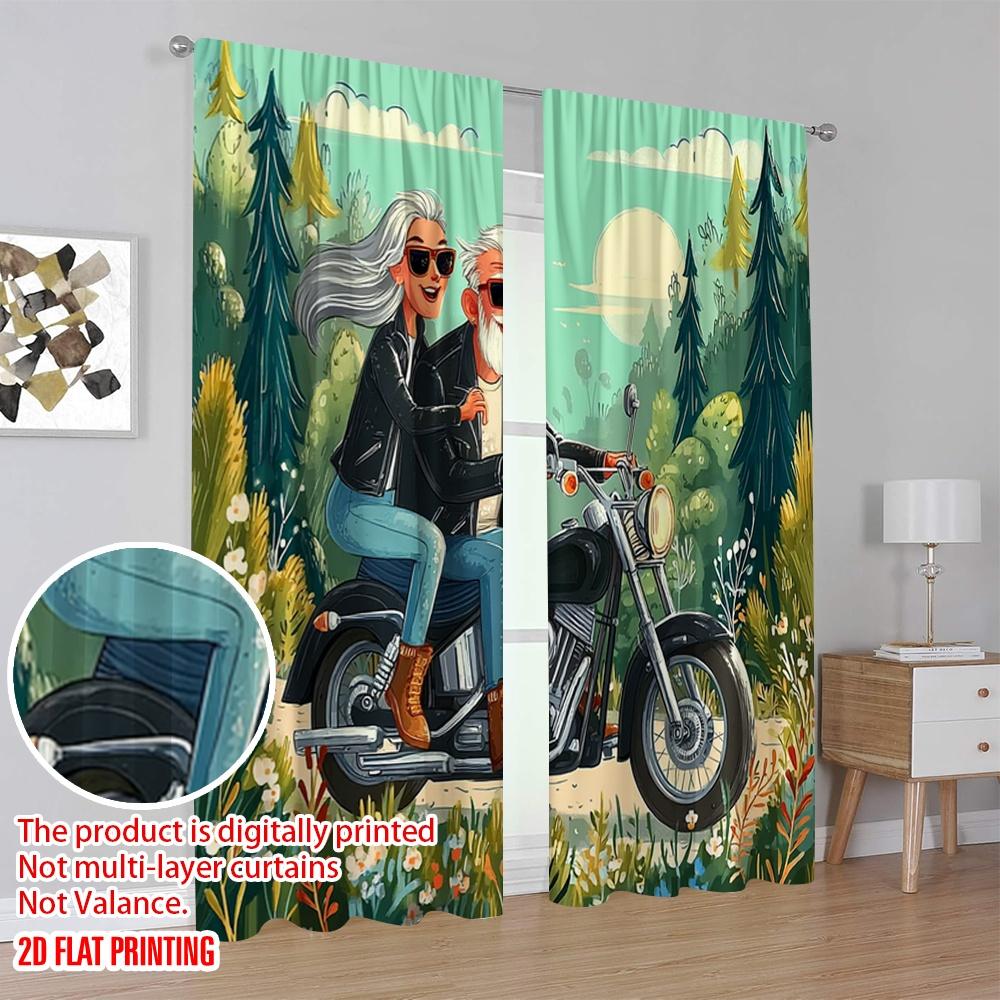 2pcs,2D Plane Printing Window Curtain Grandpa and Grandma Riding Motorcycles Polyester Woven (without Rod) Festive Perfect for