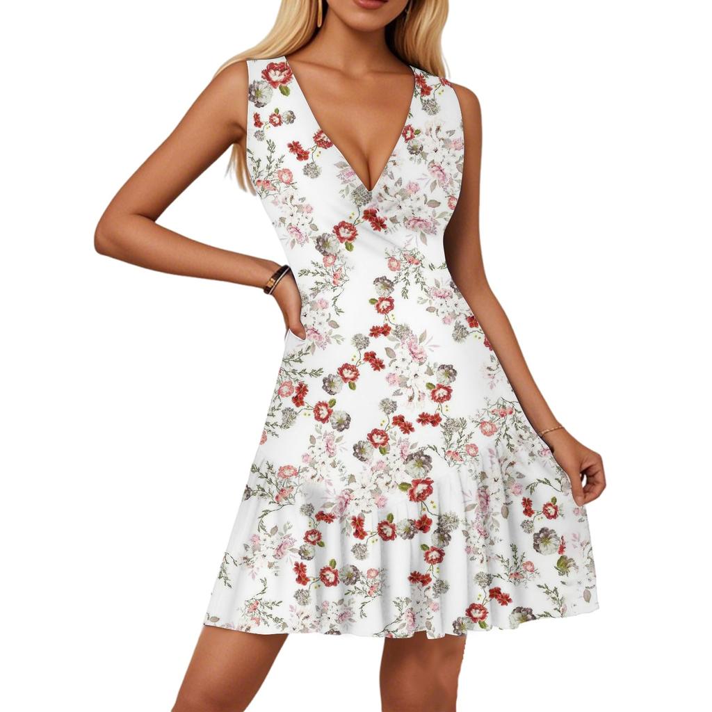 Dámské šaty s výstřihem do V, bez rukávů, ležérní, s květinovým potiskem, plisované v lemu