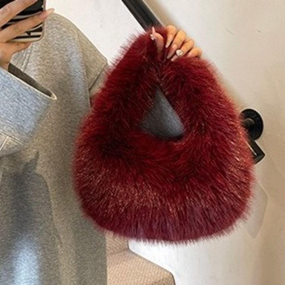 Elegant Faux Furry Texture Purse Half Moon Shape Tote Bag Trend Plush Clutch Handbags Winter