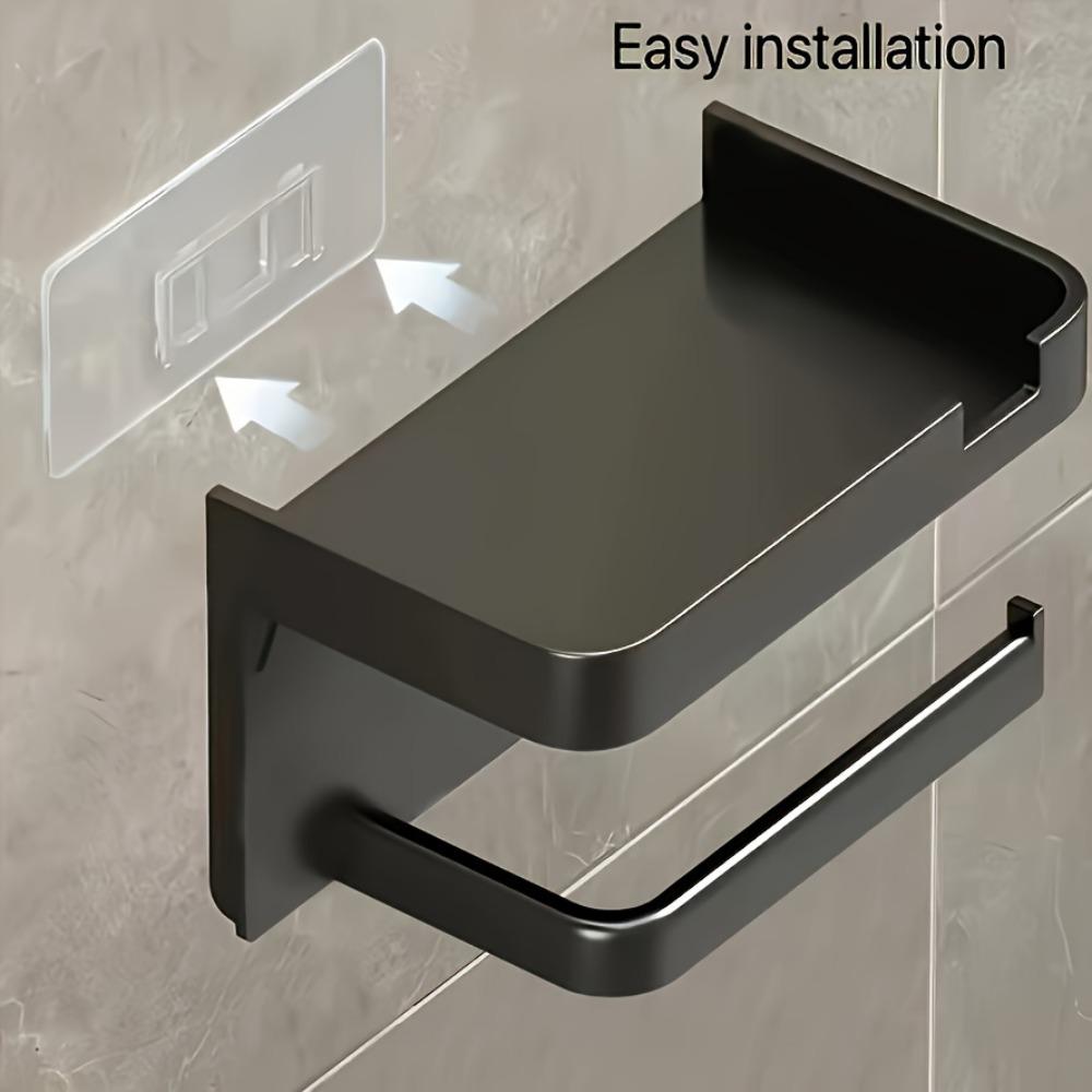1pc Modern Self-Adhesive Plastic Toilet Paper Holder with Shelf, Wall Mounted No-Drill Tissue Roll Dispenser with Storage for Bathroom Accessories