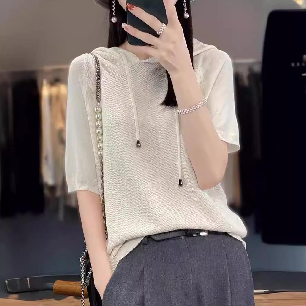 

Women s Summer 2024 Hooded Ice Silk Knitted Round Neck Short Sleeve T-shirt XL верблюд